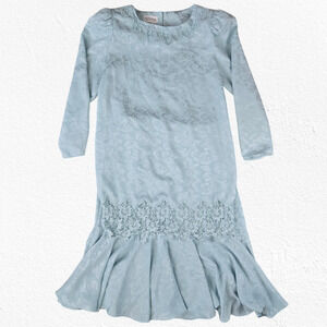 80s Vintage Light Blue Satin Floral Jacquard Lace Tunic Blouse Skirt Set Size 8